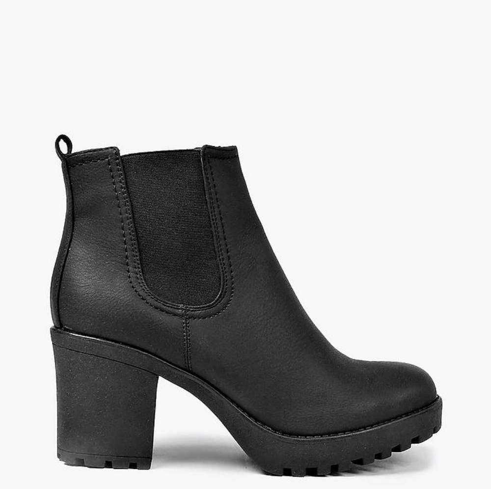 Black Boohoo chucky heel booties.